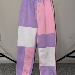 Colorblock Sweatpants in Pink, Purple, and White